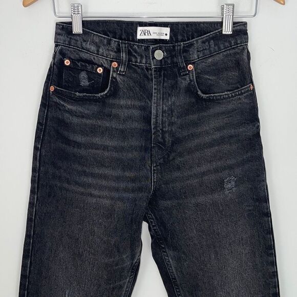 Zara‎ Womens Distressed Cutoff Jeans Stretch Whiskering Straight Leg Black 2 - Picture 3 of 11